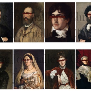 May include: A collection of eight classical portrait paintings. The portraits feature individuals in various attire, with a muted color palette and a focus on capturing the subjects' likeness. The paintings are framed and ready to hang.
