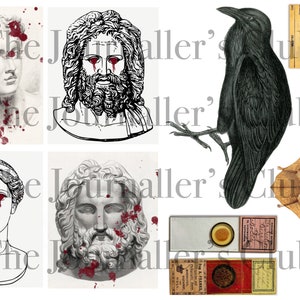 May include: A collage of vintage illustrations featuring classical busts with red accents, a black crow, and a bat. Also included are vintage field labels and microscope slides. The text "The Journaler's Club" is overlaid.