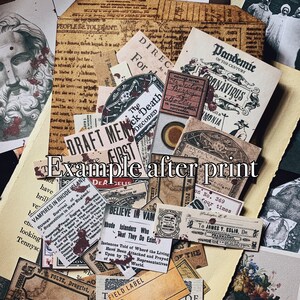 May include: A collection of vintage ephemera, including aged paper scraps, labels, and illustrations. The pieces feature faded colors, distressed textures, and text fragments. The phrase "Example after print" is visible. The theme is historical and antique.