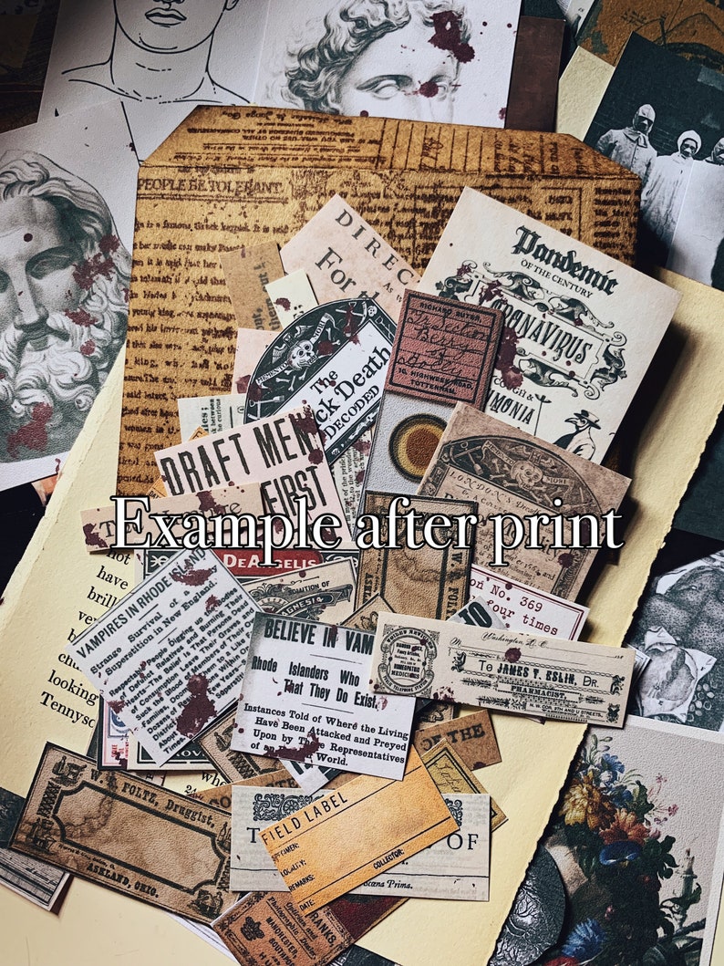 May include: A collection of vintage ephemera, including aged paper scraps, labels, and illustrations. The pieces feature faded colors, distressed textures, and text fragments. The phrase "Example after print" is visible. The theme is historical and antique.