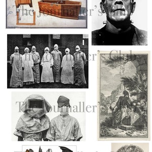 May include: A collage of vintage illustrations and photographs. Includes a diagram of a coffin, a portrait of Frankenstein's monster, a group of people in protective suits, and a detailed drawing of bats.