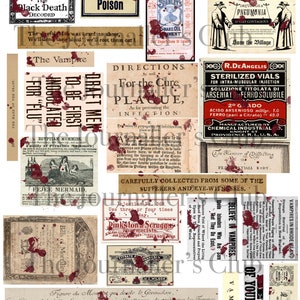 May include: A collage of vintage ephemera with a horror theme, featuring text like "The Black Death Decoded," "Poison," and "Vampires in Rhode Island." Blood splatters add a dramatic effect to the aged paper.