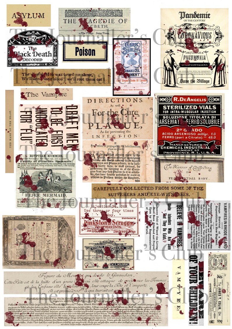 May include: A collage of vintage ephemera with a horror theme, featuring text like "The Black Death Decoded," "Poison," and "Vampires in Rhode Island." Blood splatters add a dramatic effect to the aged paper.