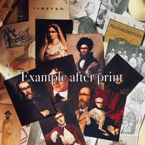 May include: A collection of vintage-style art prints featuring portraits and gothic illustrations. The prints include images of historical figures, skulls, and the text "VAMPYRE;" and "FRANKENSTEIN". The prints are arranged on a neutral surface.