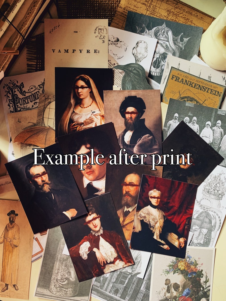 May include: A collection of vintage-style art prints featuring portraits and gothic illustrations. The prints include images of historical figures, skulls, and the text "VAMPYRE;" and "FRANKENSTEIN". The prints are arranged on a neutral surface.