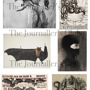 May include: Collection of vintage illustrations featuring bats, a surreal portrait, and a skull with a snake. One image shows a bat with outstretched wings, another a bat with a human-like face. The text "The Journaller's Club" is present.