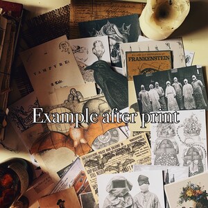 May include: A collection of vintage-style prints and ephemera, including illustrations of a bat, a skull, and a raven. The prints feature text such as "Vampyre" and "Frankenstein". A partially burned candle and a bottle are also visible.