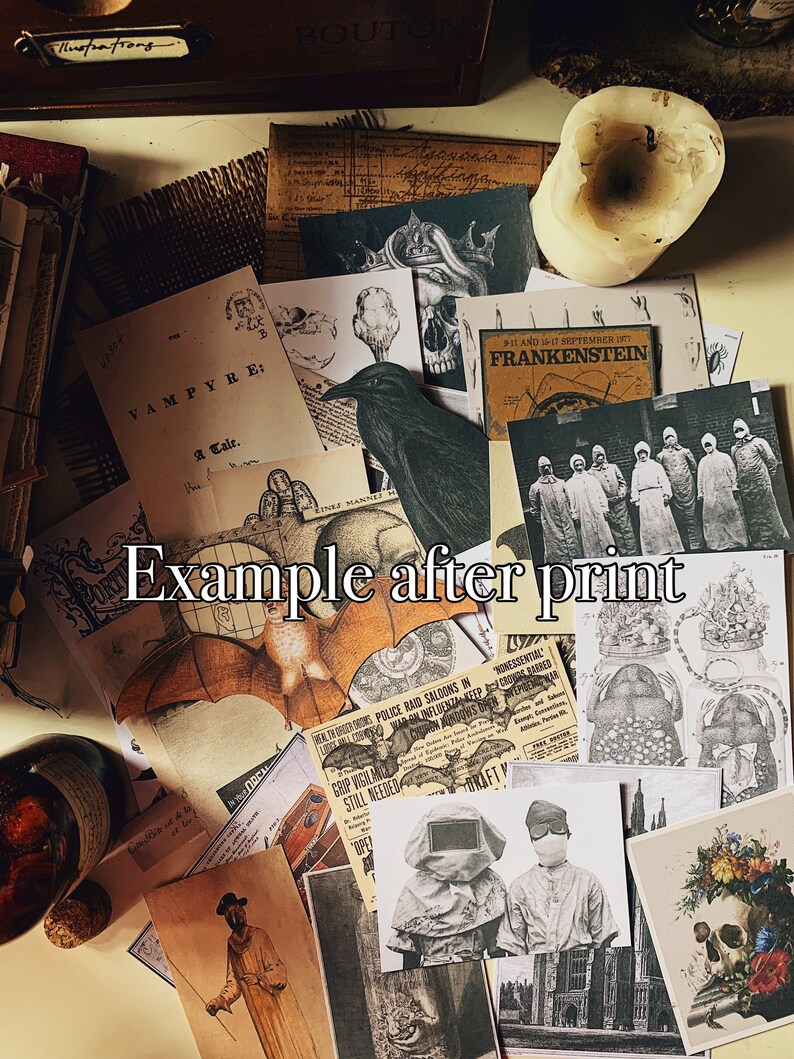 May include: A collection of vintage-style prints and ephemera, including illustrations of a bat, a skull, and a raven. The prints feature text such as "Vampyre" and "Frankenstein". A partially burned candle and a bottle are also visible.