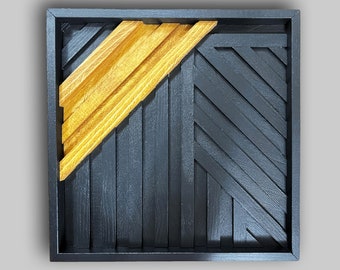 Black Gold Geometric Chevron Wood Wall Art Decor, Wall Hangings, Wooden Chevron Mosaic