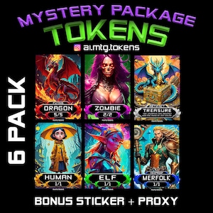 May include: A 6-pack of fantasy-themed trading card tokens. Each card features a different character: a dragon, zombie, treasure, human, elf, and merfolk. The cards have vibrant colors and include the text "Mystery Package Tokens" and "Bonus Sticker + Proxy."