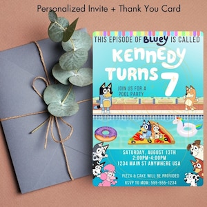 Convite de aniversário para festa na piscina do Bluey, obrigado do Bluey, convite editável do Bluey, convite do bluey, cartão eletrônico do convite do bluey, convite infantil, personalizado
