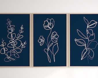 Láminas minimalistas de arte floral azul marino: Juego de 3 (descarga digital)