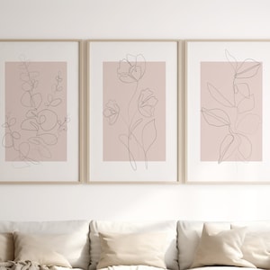 Minimalist Flower Wall Art Print | Botanical Art | Pink Boho Set of 3 Wall Prints | Printable Flower One Line Drawing | Floral Abstract