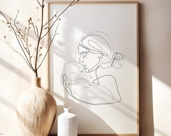 Mother and Baby One Line Art Print: Minimalist Nursery Decor (Digital Download)