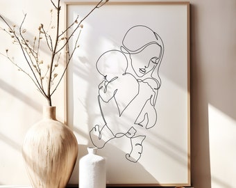Mother and Baby One Line Art Print: Minimalist Nursery Decor (Digital Download)