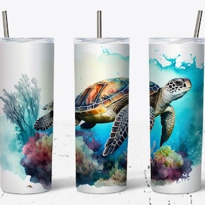 Ocean Turtle Dolphin Whale Themed Tumbler Cup Stainless Steel 20 Oz with clear Lid