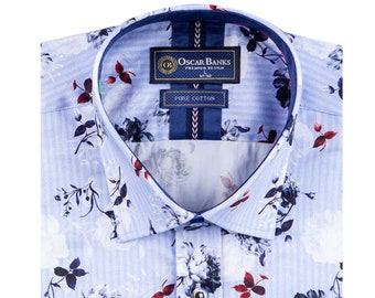 Blue Stripe Floral Print Men's Shirt with Matching Handkerchief