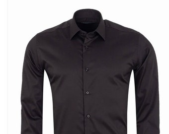 Camisa masculina preta lisa de algodão puro sem ferro