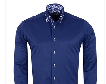 Dark Blue Floral Double Collar Men's Shirt