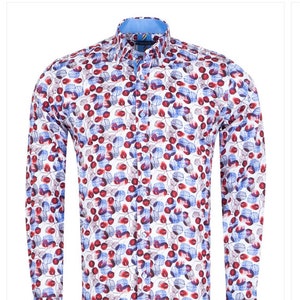 White Blue Leaf Print Shirt with Matching Handkerchief