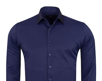 Dark Blue Detailed Double Cuff Men's Shirt