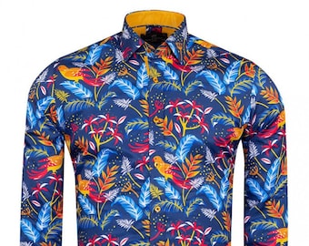 Camisa de hombre con estampado floral de pájaros, puños en contraste, mezcla de algodón