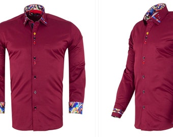 Burgundy Fashion Shirt with Colourful Collar Tip Design