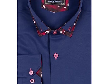 Men Navy Plain Contrast Dot Double Collar Long Sleeve Shirt