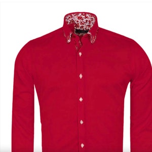Red Floral Double Collar Men&#39;s Shirt