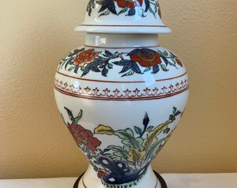 Rare Beautiful Antique Hand Painted Lucky Peony Flower Jar