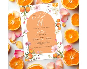 Peach Wild One Birthday Arch Invitation, Orange Girl Birthday Editable Invite, Floral Arch Any Age Birthday Template Canva, Instant Download
