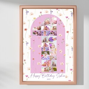 PURPLE Number One Arch Photo Collage, Wildflower Pattern 1st Birthday Collage, Floral Collage 12 and 22 photos Template, Instant Download