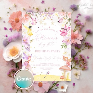Invitación de primer cumpleaños para niña con temática de hadas en tonos pastel, plantilla de primer cumpleaños de hadas mágicas, invitación de cuento de hadas rosa para fiesta en Canva, descarga instantánea.