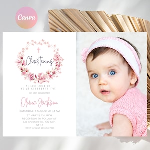 Invito battesimo magnolia rosa, invito battesimo bambina minimalista, biglietto stampabile, battesimo battesimo, download immediato