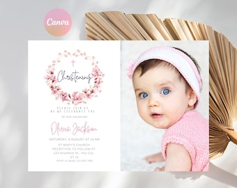 Pink Magnolia Christening  Invitation, Minimalist Baptism Girl Invite printable card,  Baptism Christening, Instant Download