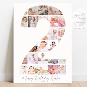 Pode incluir: Impressão em tela branca com uma colagem de fotos de bebê formando o número 2. As palavras "Happy Birthday Sophia" estão escritas em itálico, com o ano abaixo. A imagem tem uma paleta de cores suaves e pastel.