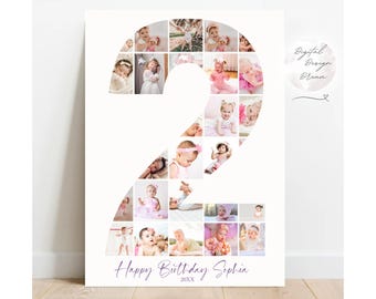 Klare Geburtstag Zahl 2 Fotocollage, Zahl ZWEI Fotovorlage, Zweiter Meilenstein Poster Zeichen, Mädchen Geburtstagsgeschenk Canva, Sofort Download