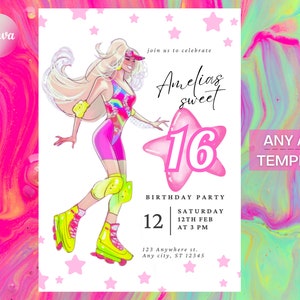 Skate Costume Digital Birthday Invitation Template, Pink Girl Birthday Editable Evite, Neon Any Age Birthday Edit in Canva, Instant Download