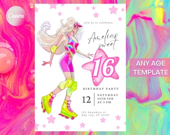 Skate Costume Digital Birthday Invitation Template, Pink Girl Birthday Editable Evite, Neon Any Age Birthday Edit in Canva, Instant Download