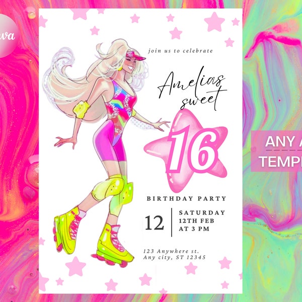 Skate Costume Digital Birthday Invitation Template, Pink Girl Birthday Editable Evite, Neon Any Age Birthday Edit in Canva, Instant Download