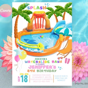 Pool Party Birthday Invitation, Waterslide Birthday Party, Digital Pool Summer Girl Birthday Party, Swimming Party, Editable Splash Template