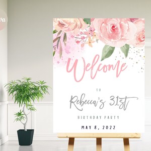 Roze rozen verjaardag welkomstbord, elegant meisje vrouw roze elke leeftijd bloemen welkomstbord gepersonaliseerd, instant download 4 maten