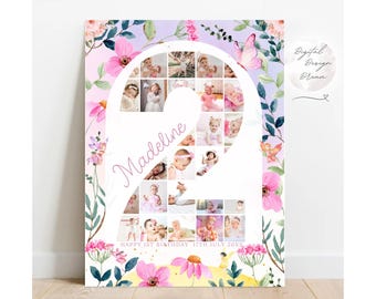 Blumenbogen Geburtstag Zahl 2 Fotocollage, Zahl ZWEI Fotovorlage, Zweiter Meilenstein Poster Zeichen, Mädchen Geschenk Leinwand, Sofort Download