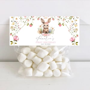 Wildblumen 1st Birthday Bunny Candy Bag Label, Boy Blue Floral erste Party Toppers, Cookie's Bag Geschenk Favor, Candy Bar, Instant DOWNLOAD