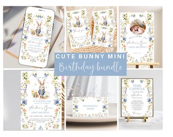Boy Wildflower Bunny Photo Birthday Bundle, Digital Blue Floral Baby Boy 1st Birthday Set, ANY AGE Party Extras Template, Instant Download
