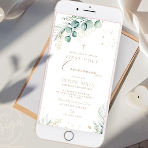 Invito per la Prima Comunione Classic Greenery, modello elettronico floreale verde oro per Canva, invito per la Prima Comunione per bambini, download immediato