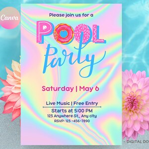 Invito di compleanno per festa in piscina Neon Aqua, modello Canva modificabile e personalizzato, invito per bambini, DOWNLOAD immediato 5x7