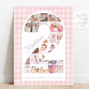 Könnte beinhalten: Ein rosa-weiß kariertes Geburtstags-Fotocollage mit Babyfotos, die in Form einer "2" angeordnet sind. Der Name "Madeline" ist kursiv geschrieben, mit dem Text "Happy 2nd Birthday 17th July 20XX" unten.