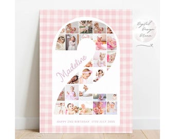 Pink Gigham Birthday Number 2 Photo Collage, TWO Years Old Gift Template, Girl Second Milestone Poster Sign Canva