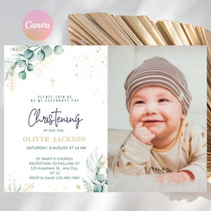 Invito per battesimo fotografico, invito per battesimo con eucalipto verde, biglietto stampabile per bambina o bambino, battesimo, download immediato